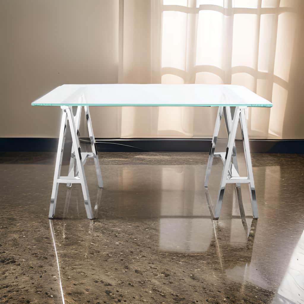 Rani 55 Inch Office Desk, Tempered Glass Top, Modern Chrome Steel Frame