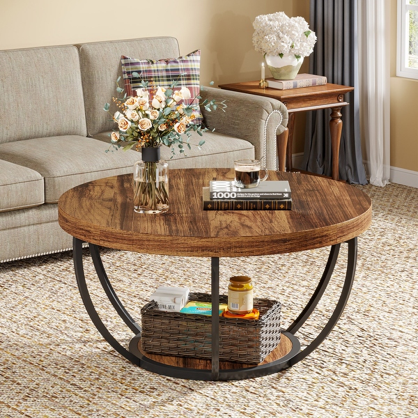 31.7 Round Coffee Table Rustic 2 Tier Center Table with Storage Open Shelves On Sale Bed Bath Beyond 37259438
