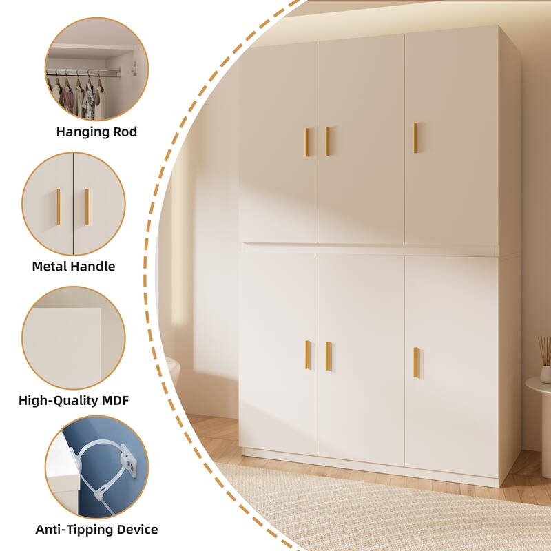 Gymojoy Armoire Wardrobe Closet, White Wooden Freestanding Clothes Storage Cabinet with Hanging Rods and Shelves for Bedroom