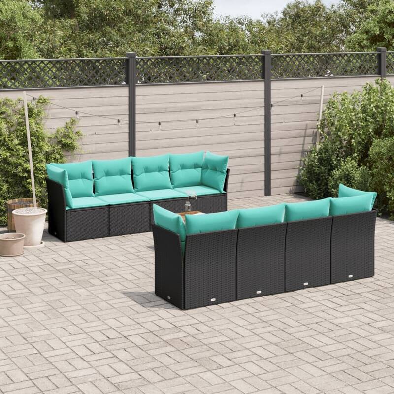 vidaXL Patio Sofa Set with Cushions Outdoor Furniture 9 Piece Poly Rattan - 24.4" x 24.4" x 27.2" - Black - form2
