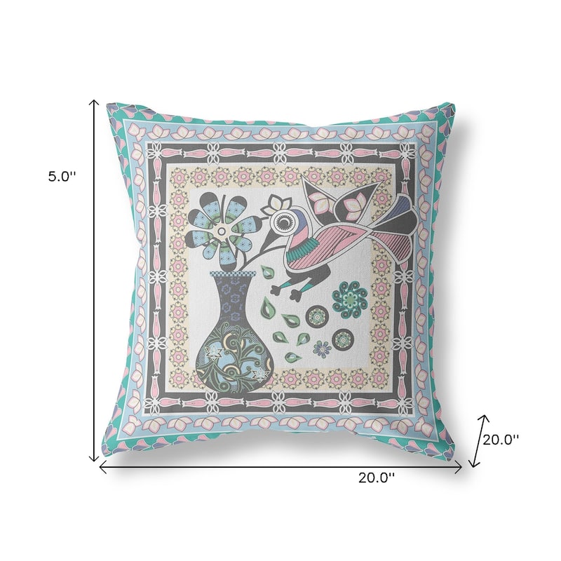 HomeRoots 20" x 20" Gray Peacock Blown Seam Floral Indoor Outdoor Throw Pillow - 20.00' X '5.00' X '20.00