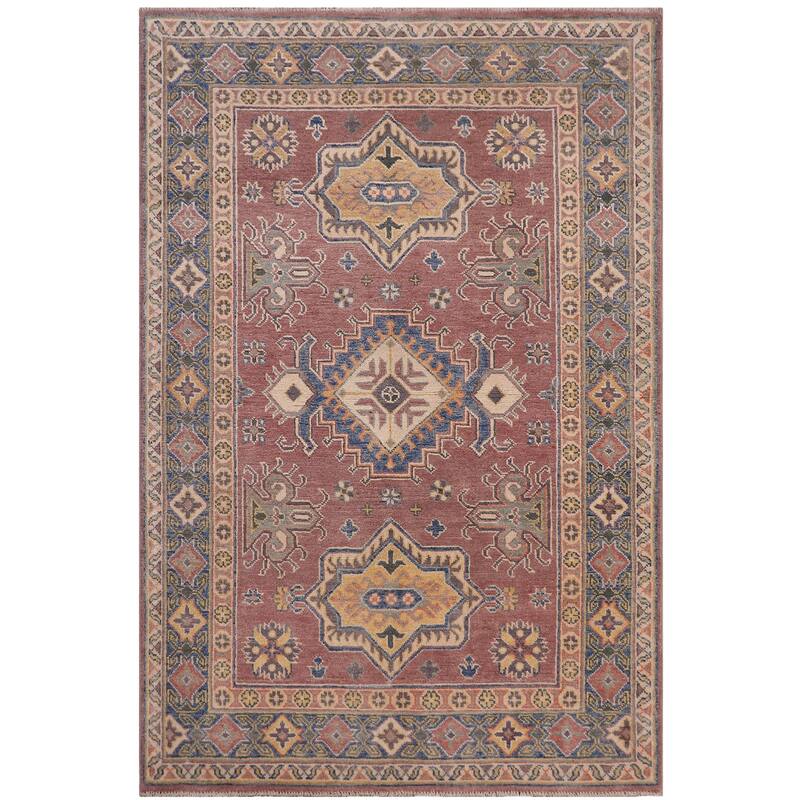 Bohemian Kazak Rebekah Light Purple/Light Blue Wool Rug - 4'0'' x 5'9''