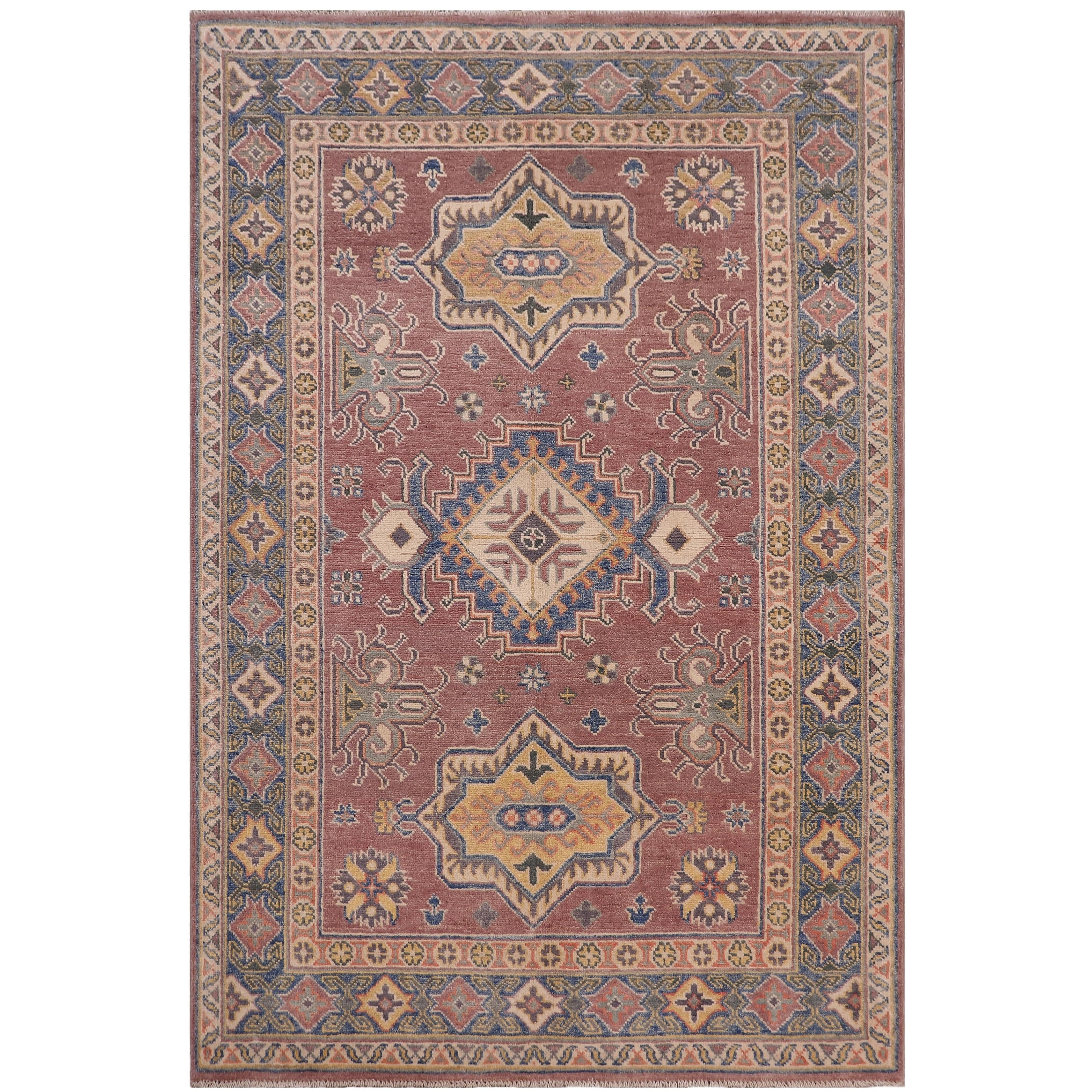 Bohemian Kazak Rebekah Light Purple/Light Blue Wool Rug - 4'0'' x 5'9''