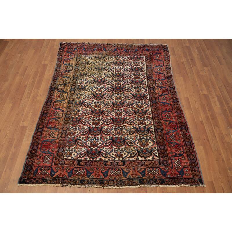 Hand Knotted Oriental 100% Wool Carpet Traditional Floral Beige & Ivories Bidjar Area Rug - 6' 11'' X 5' 0''