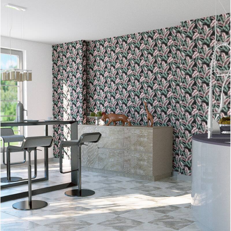 Twilight Tropic Black and Green Wallpaper - 20.8 in. W x 33ft L - Double Roll