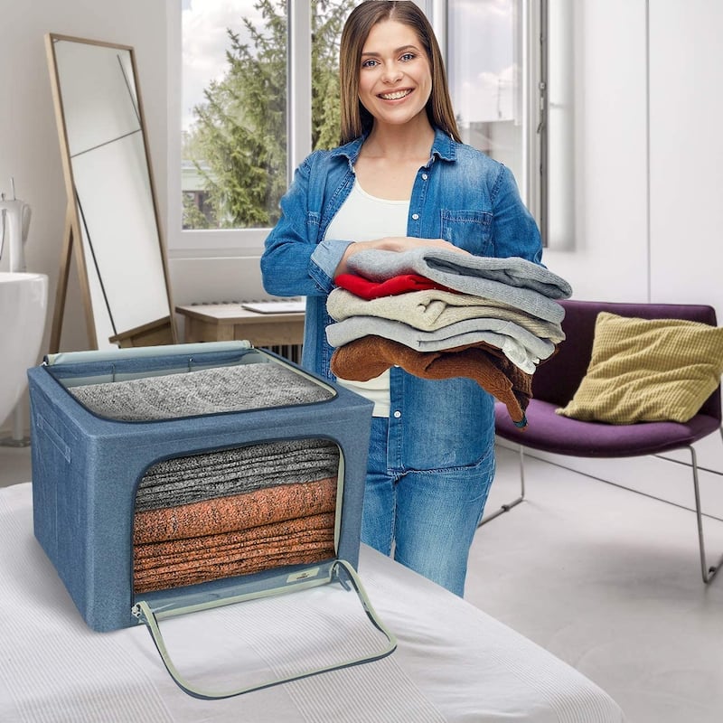 Sorbus Jumbo Storage Bins with Metal Frame Stackable Foldable Clothes Organizer Bags Oxford Fabric & Clear Window & Handles- 4Pk
