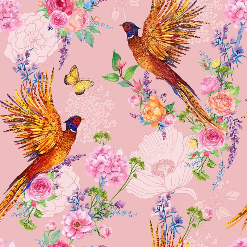 Floral Peacock Removable Wallpaper - 10'ft H x 24''inch W - 10'ft H x 24''inch W - Pink