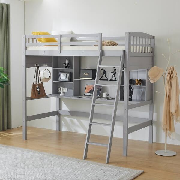 slide 2 of 34, Loft Bed With Shelf With Desk Inclined Ladder Twin Wooden Bed Pine Particle Board Grey