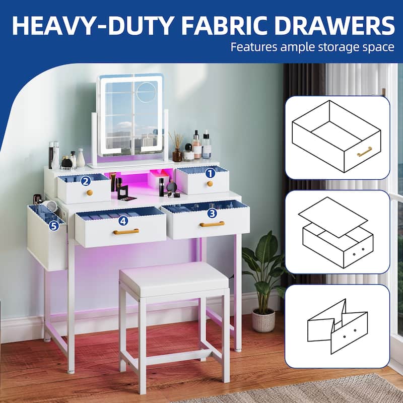 Vanity Desk with Mirror & Lights, Cream White Makeup Table Set with Stool - 31.5''W X 21.5''D X 30''H