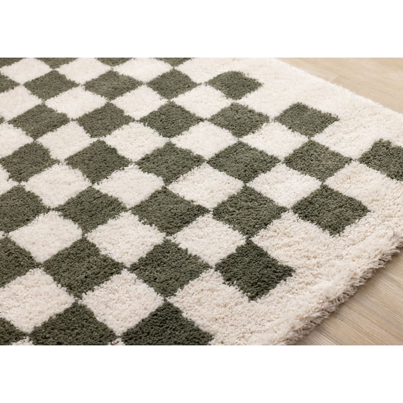 Cream Green Soft Shag Checkerboard Area Rug, 5'3" x 7'7"