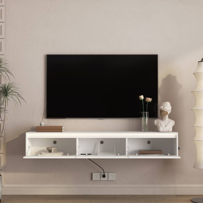 Wall Mounted TV Shelf with Led Lights & Power Outlet,High Gloss TV Cabinet for White TV Stands for Living Room