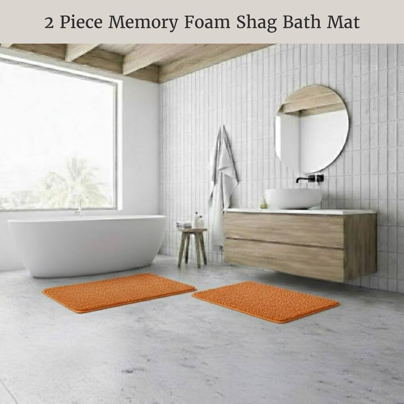 Bathroom Rugs - 2-Piece Memory Foam Bathroom Set with Chenille Shag Top and Non-Slip Base by Lavish Home (Orange)