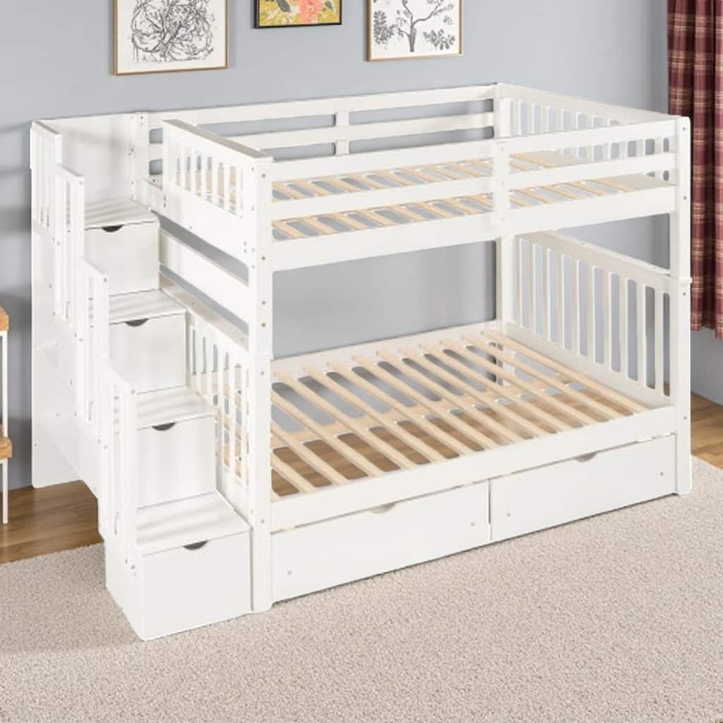 Full Size Wood Bunk Bed with Drawers, Open Shelving & Staircase, No Box Spring Needed