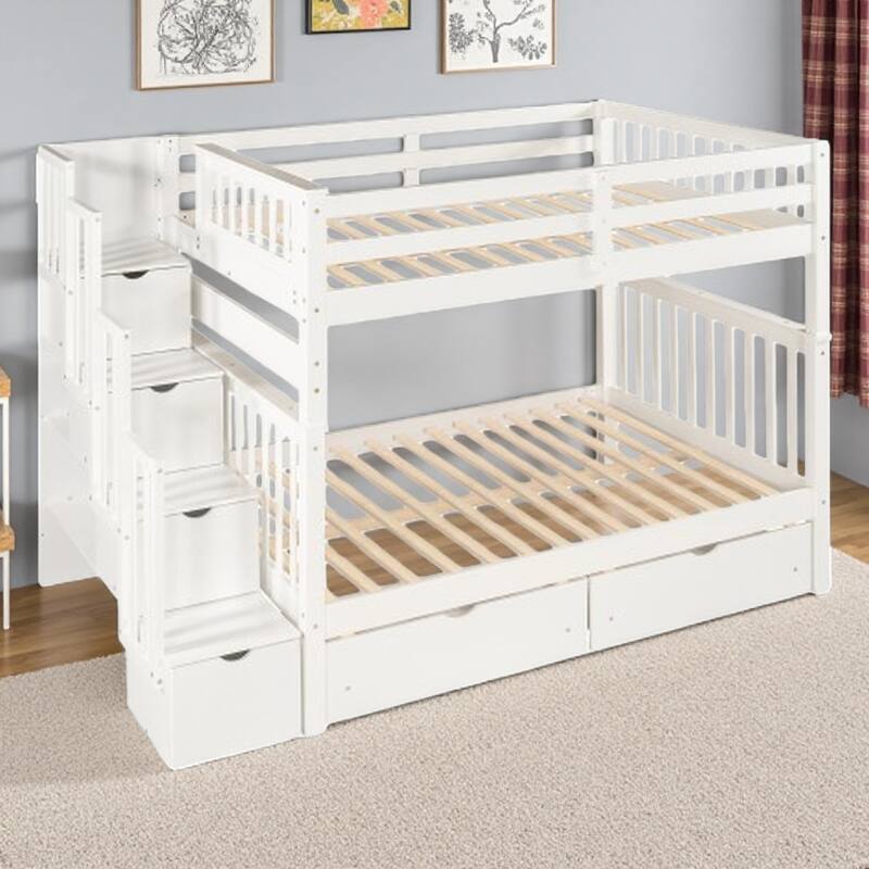 Full Size Wood Bunk Bed with Drawers, Open Shelving & Staircase, No Box Spring Needed - White