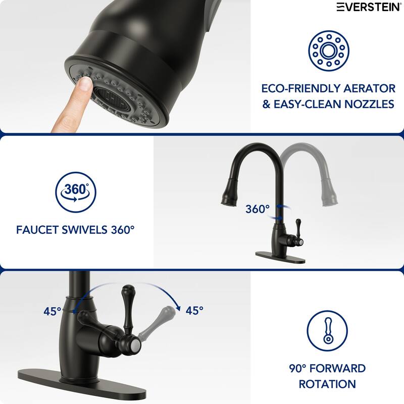 Single Handle Pull Down Sprayer Hot and Cold Kitchen Faucet 360° Spout Swivel with Deckplate