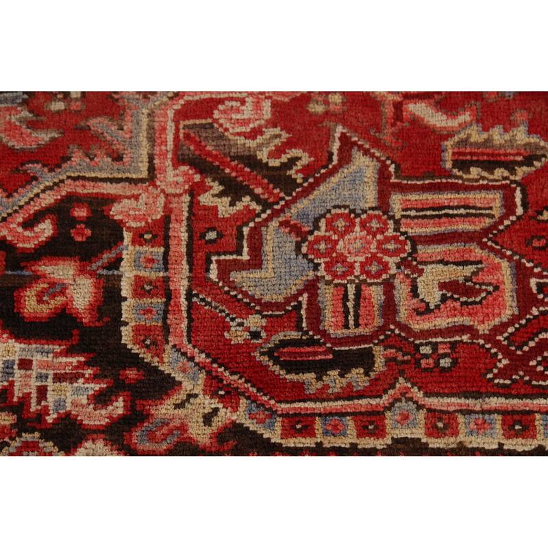 Red Geometric Heriz Persian Vintage Area Rug Hand-Knotted Wool Carpet - 9'4"x 13'5"