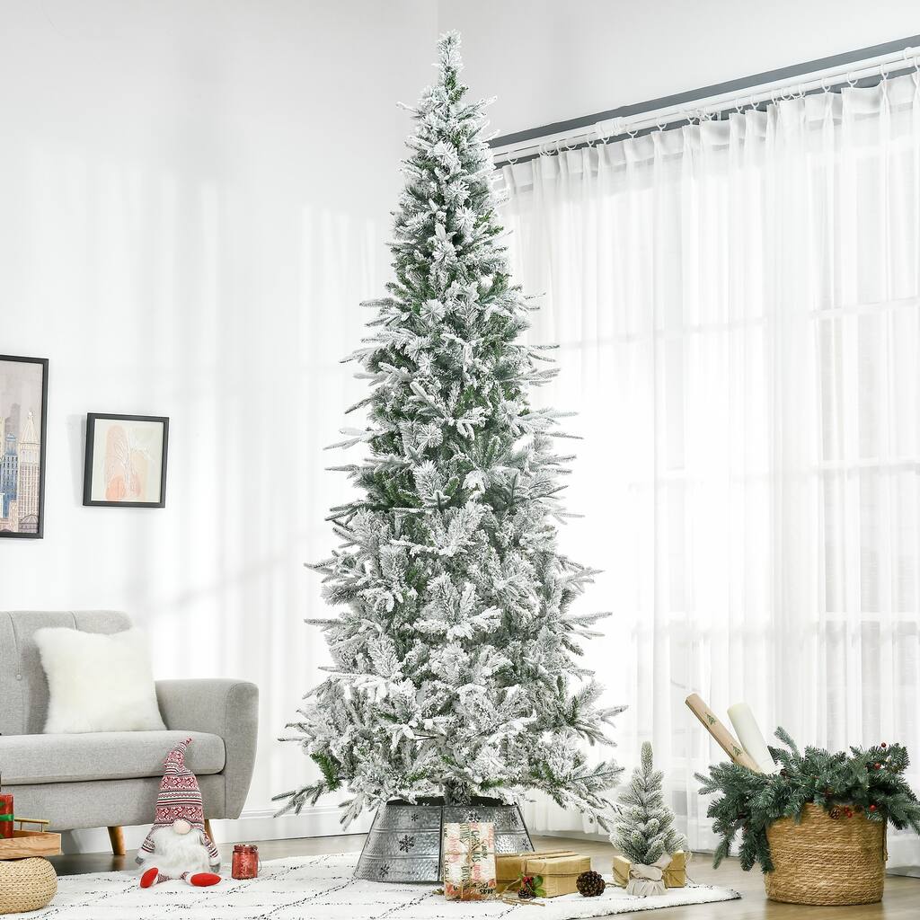 9 ft Green PE and PVC Christmas Tree Indoor Artificial Tree with 1159 Tips Snow Flocked Branches and Sturdy Metal Base