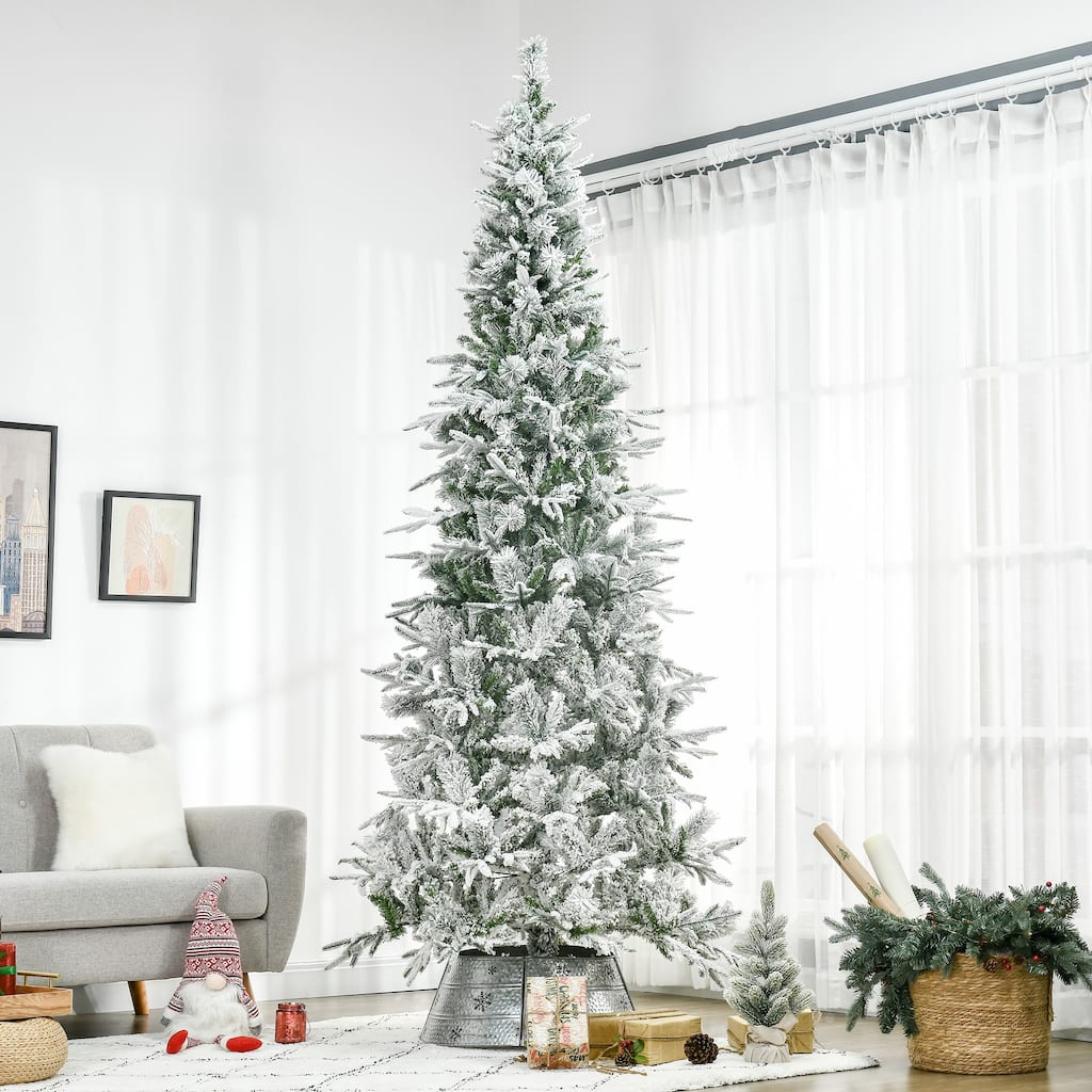 HOMCOM 9' Unlit Snow Flocked Pine Artificial Christmas Tree with Realistic Branches and 1159 Tips, Green - 8.85 ft