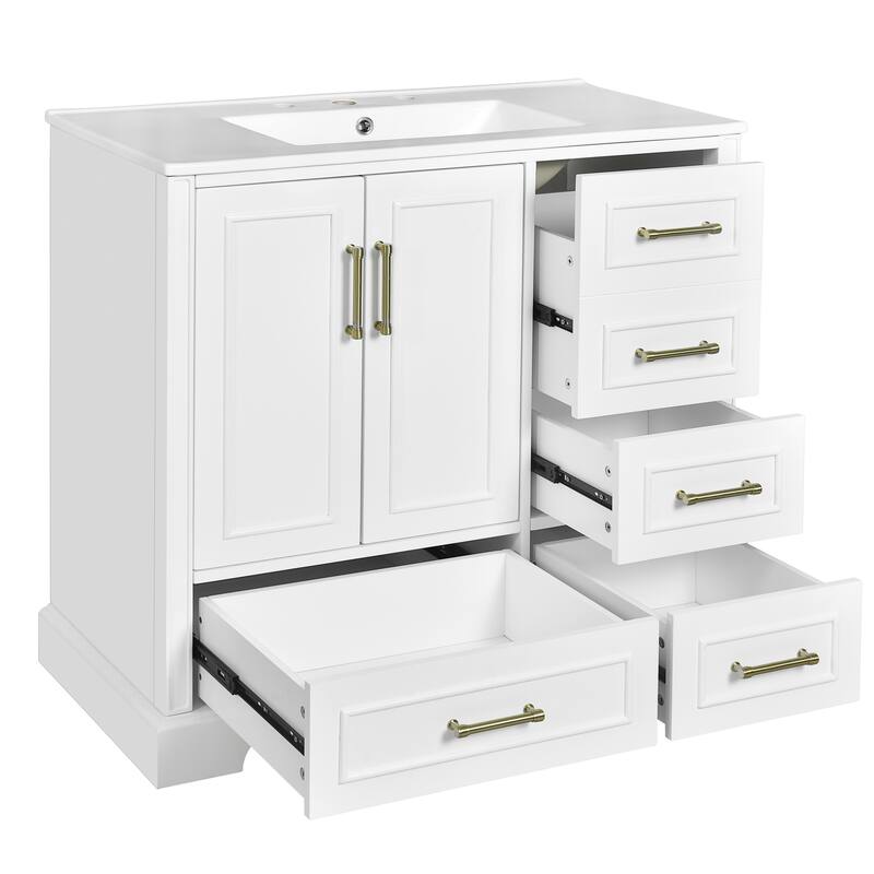 36" Traditional Bathroom Vanity with Ceramics Sink , White Bathroom Cabinet with Two Soft Close Doors and Four Drawers