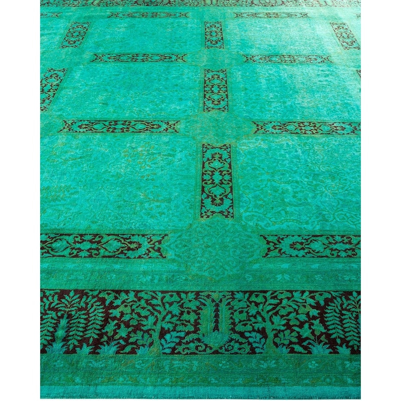 Overton Hand Knotted Wool Vintage Inspired Modern Contemporary Overdyed Green Area Rug - 9' 3" x 12' 5"