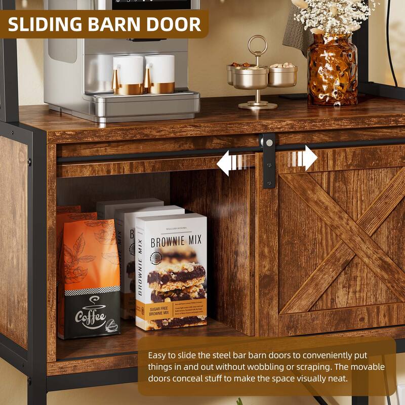65" Tall Bakers Rack with Sliding Storage Drawer Barn Door & Shelf