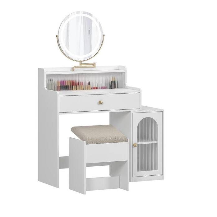360°Rotated Mirror And Adjustable Lights,With Storage Chair And Side Cabinet With Waveform Glass Doors With Drawer