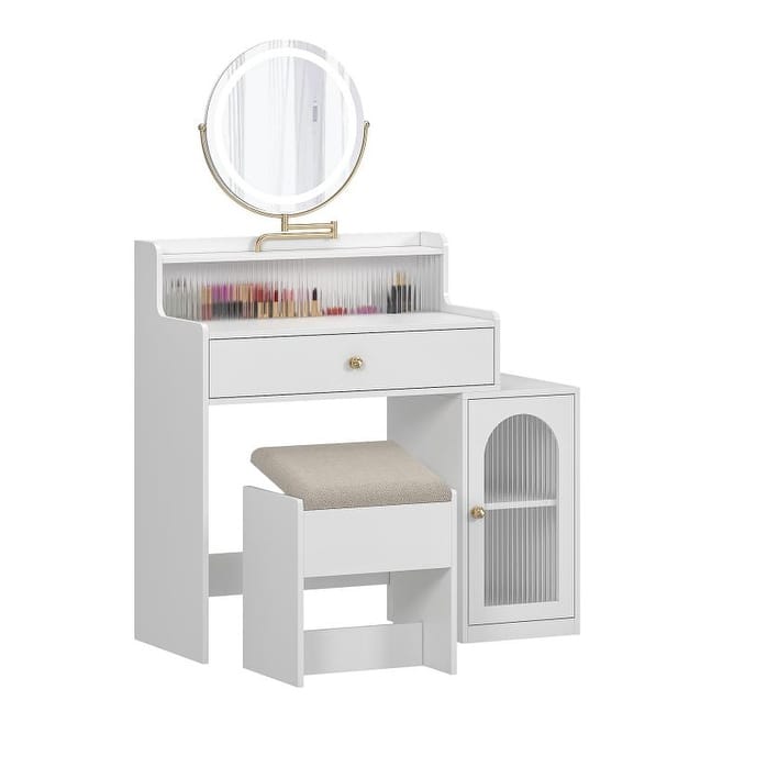 Vanity Desk with Rotatable Mirror and Lights, Dressing Table with Striped Glass Doors, Makeup Table with Drawer