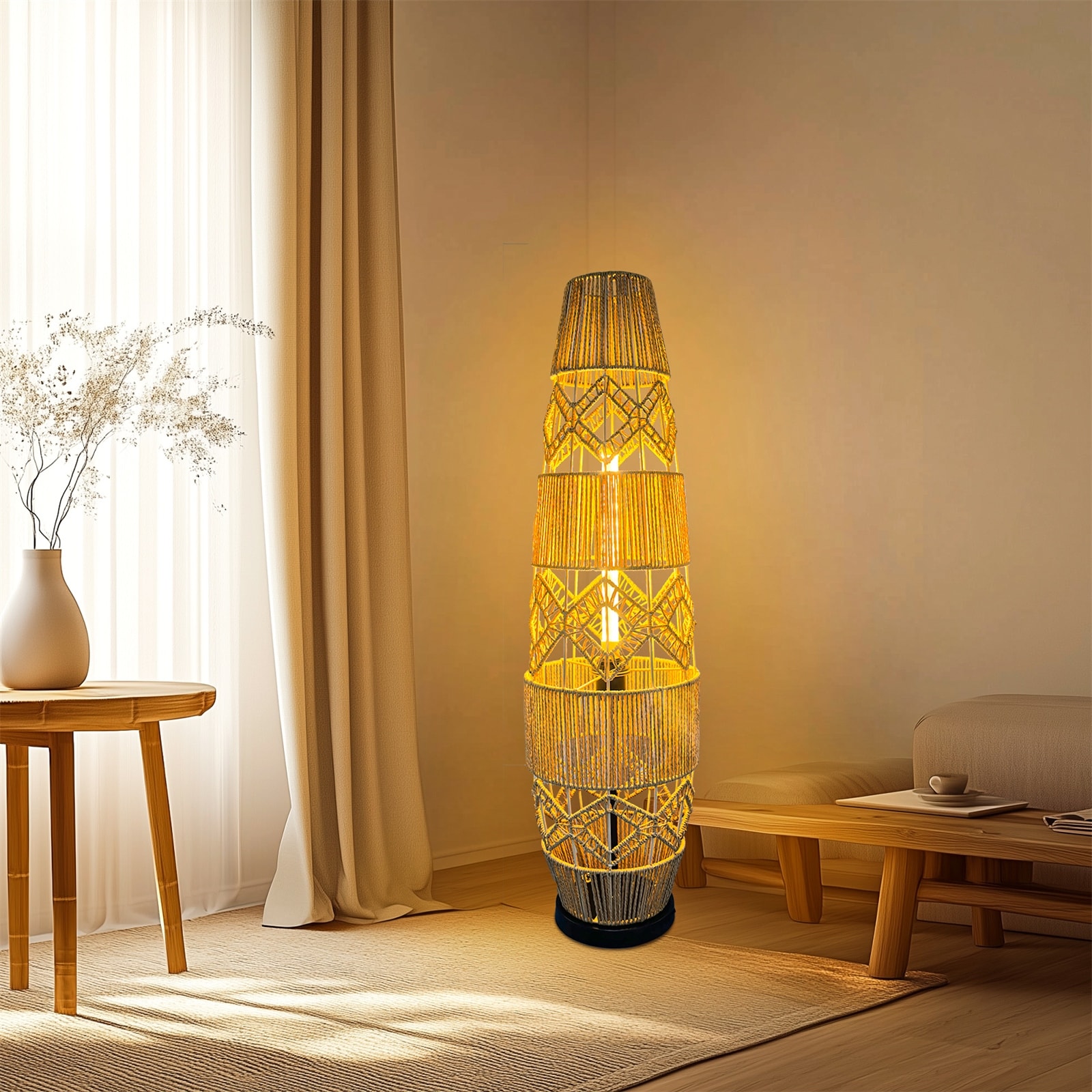 Boho Rustic Hand-Woven Rattan Corner Floor Lamp Night Light with Led Light Bar - 7.09x36.61 inch