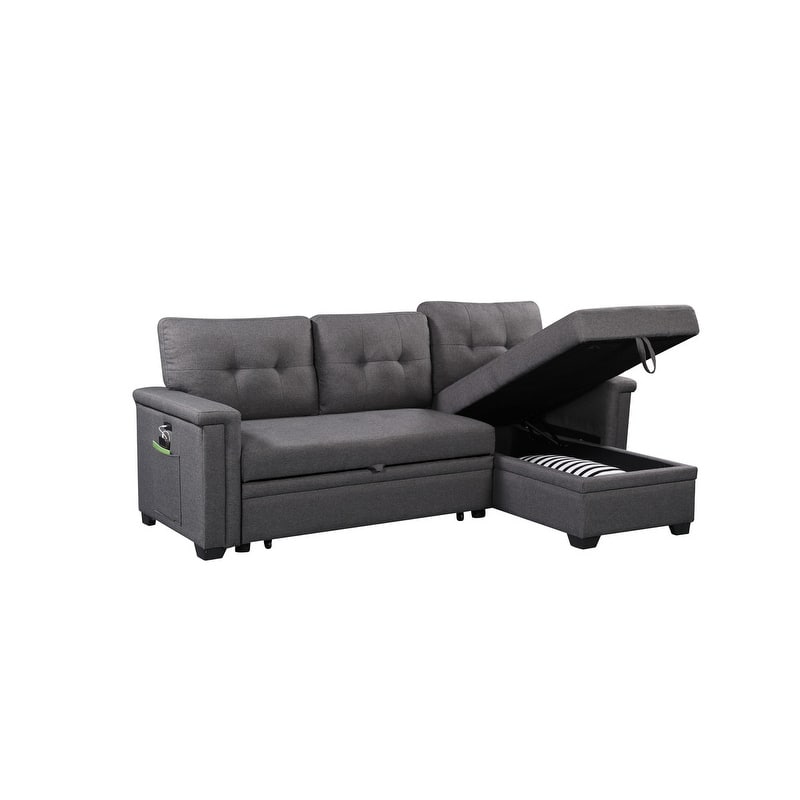 Ashlyn 84-inch Dark Gray Reversible Sleeper Sectional Sofa with Storage Chaise and USB Charging Ports - 84"W x 54"D x 35"H