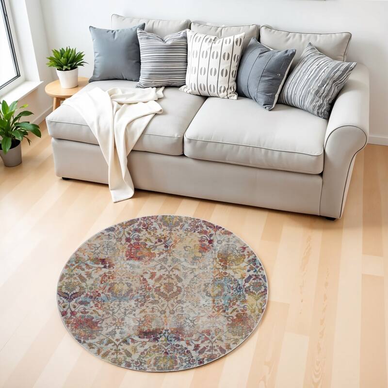 Power Loomed Distressed Geometric Floral Traditional Non Skid Area Rug - 48' X '48' X '0.5 - 48' X '48' X '0.5 - Orange - Round
