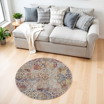 Power Loomed Distressed Geometric Floral Traditional Non Skid Area Rug - 48' X '48' X '0.5