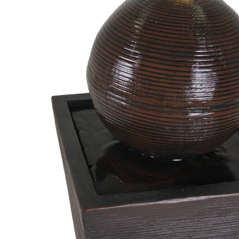 Roomfitters 35.5-Inch Tall Column Outdoor Fountain with Sphere Topper and LED Lights, Concrete Retro Garden Oasis, Dark Brown