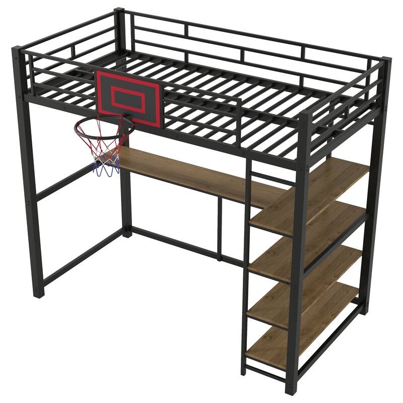 Roomfitters Twin Metal Loft Bed with Desk, Wall Shelves and Built-in Basketball Hoop for Playful Setup, Black
