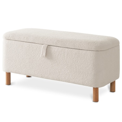 39.5" Off White Boucle Storage Ottoman Bench Sherpa Storage Bench Ottoman Foot Rest End of Bed for Living Room Bedroom,Wood Leg