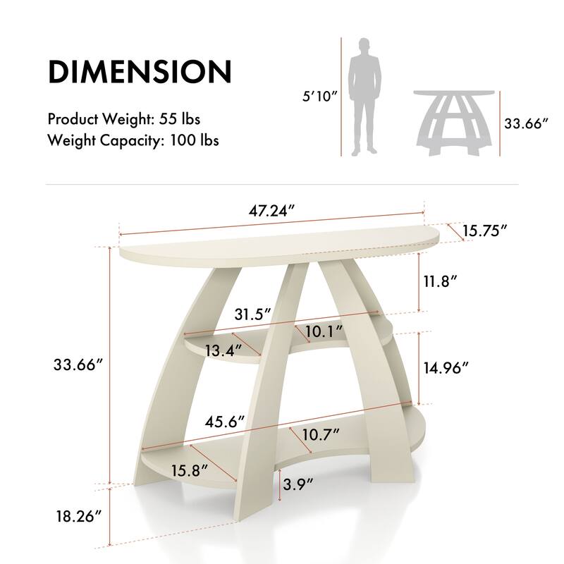 24/7 Shop At Home Contemporary Soft White Half Moon Console Table with 2 Shelves and Curved Legs