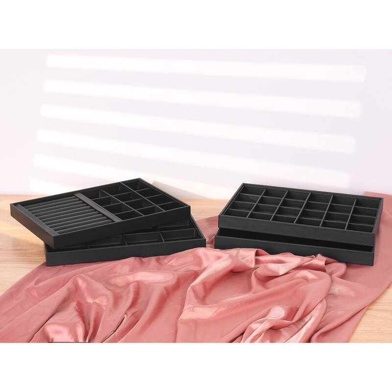 Set of 2 Stackable Jewelry Organizer Trays with Removable Dividers for Drawers, PU Leather Jewelry Organizer Drawer - Black
