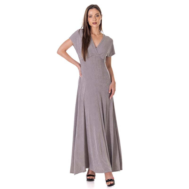24seven Comfort Apparel Womens Flutter Sleeve Metallic Knit Maxi Dress Front Slit Empire Waist - Grey - S