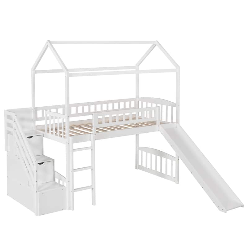 Multifunctional Twin Loft Bed with Playhouse Design, Slide, and Storage Steps