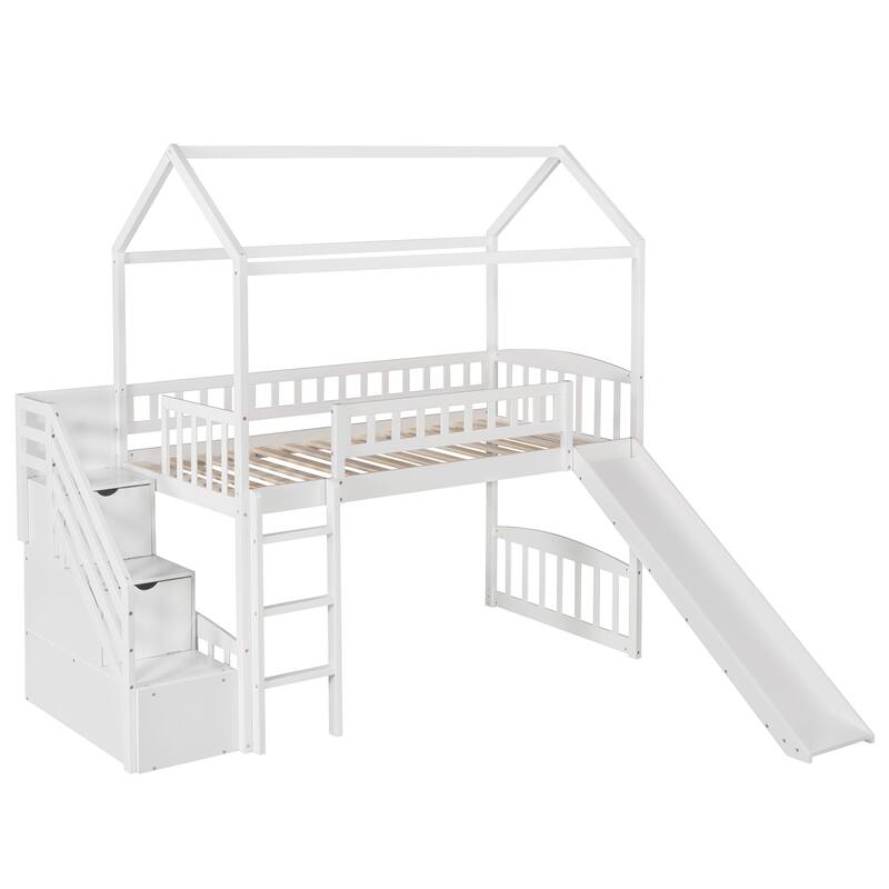 Space-Saving Twin Loft Bed with Slide, Drawers, and Storage Steps, White/Gray