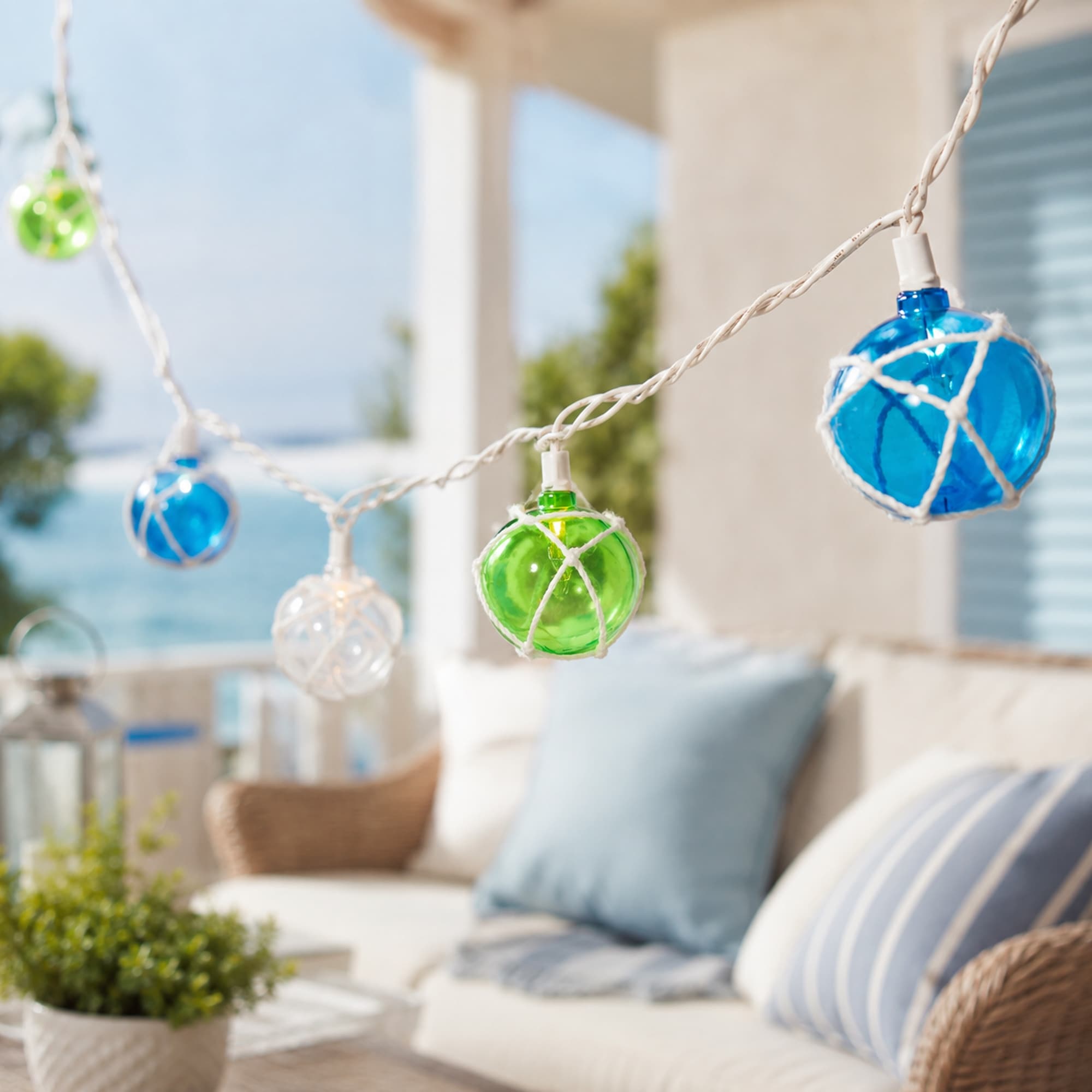 Twine Wrapped Globe Patio Light Set Multicolor 6' White Wire 10ct