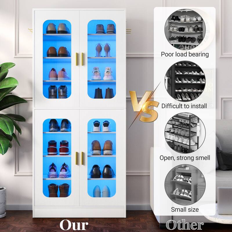 8-Tier Shoe Cabinet with LED Light, 32 Pairs Tall Shoe Storage Organizer with Side Hooks