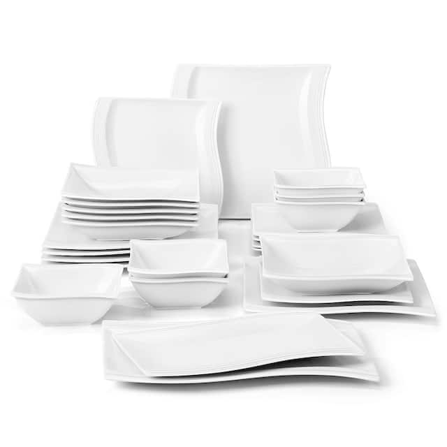 MALACASA Flora Wavy Modern Porcelain Dinnerware Set (Service for 6) - White - 26 Piece