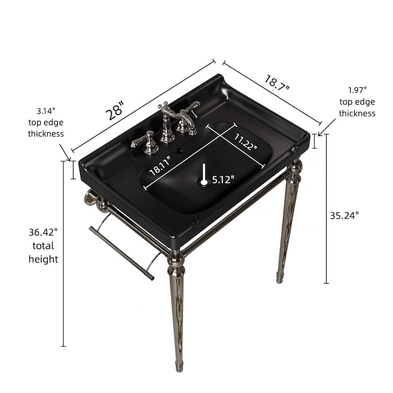 28" Bathroom Console Sink, Wall-Mounted Black Ceramic Vanity Basin, Freestanding Stainless Steel Support Legs with Towel Bar