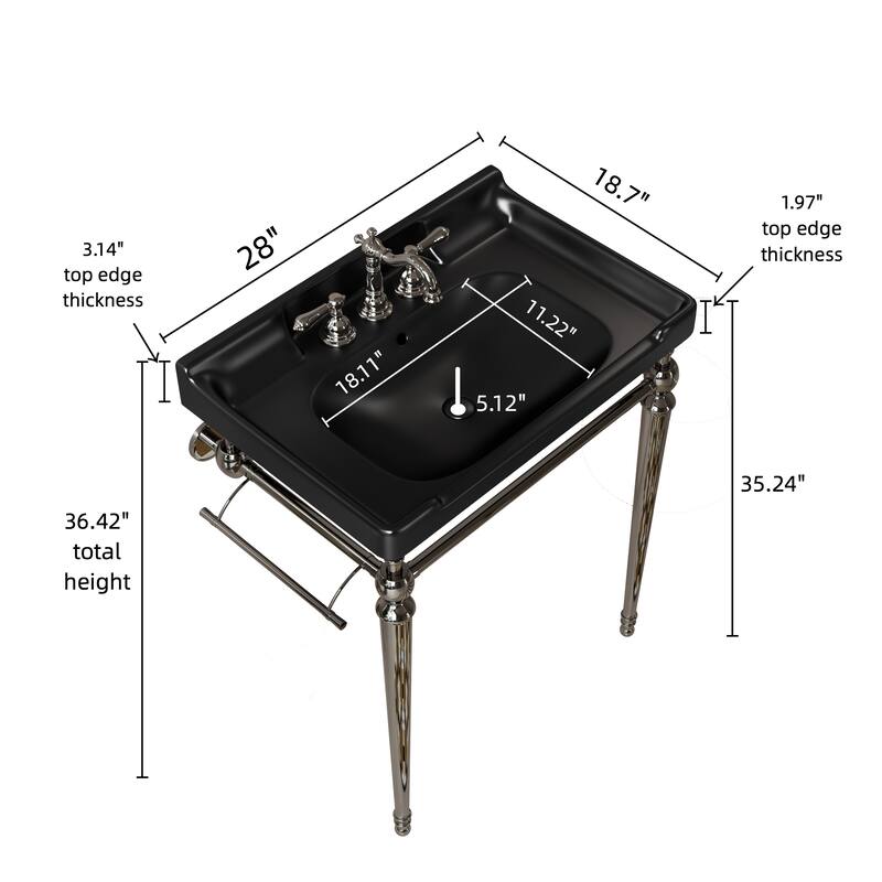 Bathroom Console Sink, Wall-Mounted Black Ceramic Vanity Basin with Pre-drilled Faucet Holes