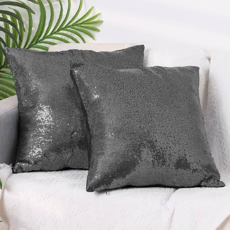 Sequin Throw Pillow Covers, Pack of 2 Square Glitter Decorative Pillow Cases Personalized Cushion Covers - Gray - 16 x 16 Inch