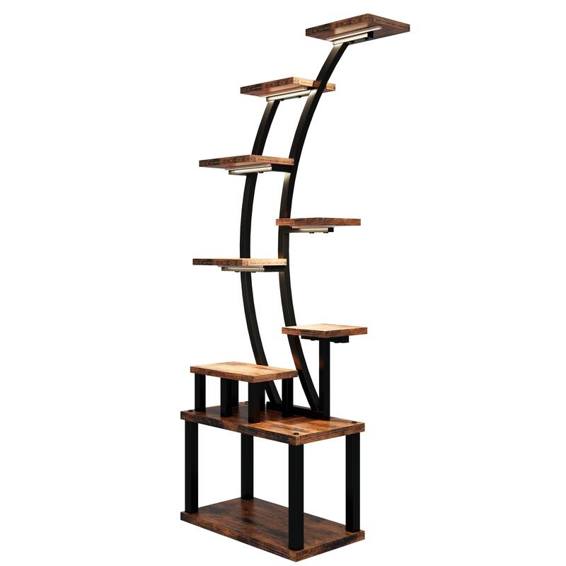 9-Tier Indoor Curved Design Plant Stand with Grow Lights Black Metal Frame and Particleboard Shelves - 20.6”L x 11.2”W x 63.5”H