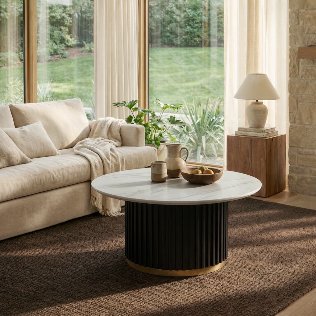 Christopher Knight Home - Marceline Modern 33.46" Round Coffee Table with Fluted Metal Pedestal Base & Subtle Gold Accent