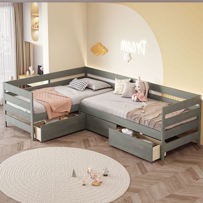 Roomfitters Twin Size L-Shaped Platform Bed with Three Storage Compartments, Gray