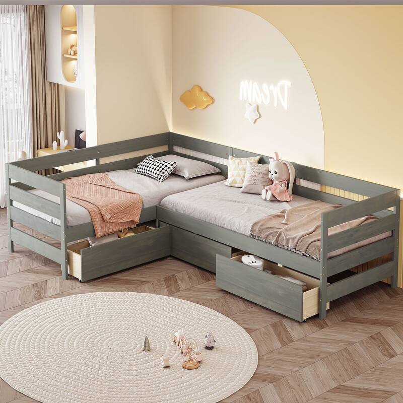 Twin Size L-shaped Platform Bed with Three Storage Drawers, Natural - Grey