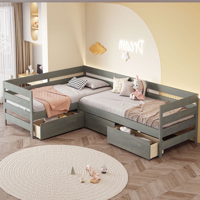 Twin Size L shaped Platform Bed with Three Storage Drawers